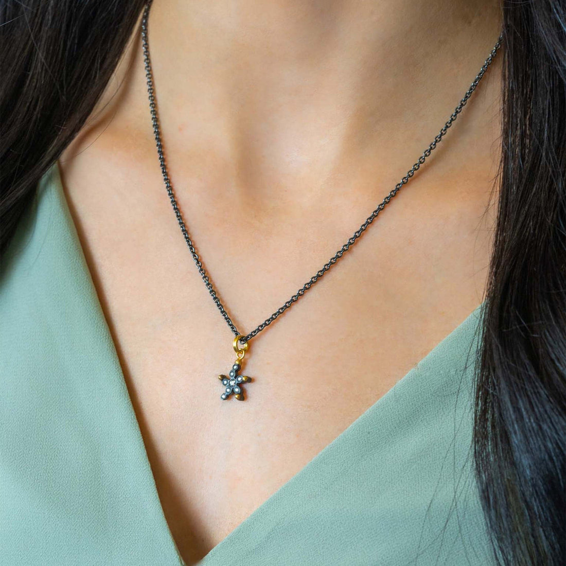 Oxidized Silver Diamond Star Pendant Necklace by Lika Behar Modeled