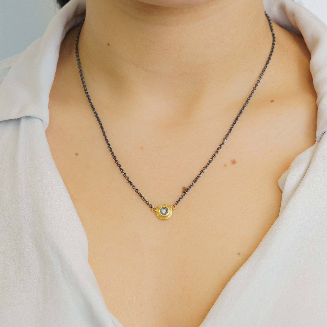 Cognac Diamond Bezel Pendant Necklace by Lika Behar Modeled