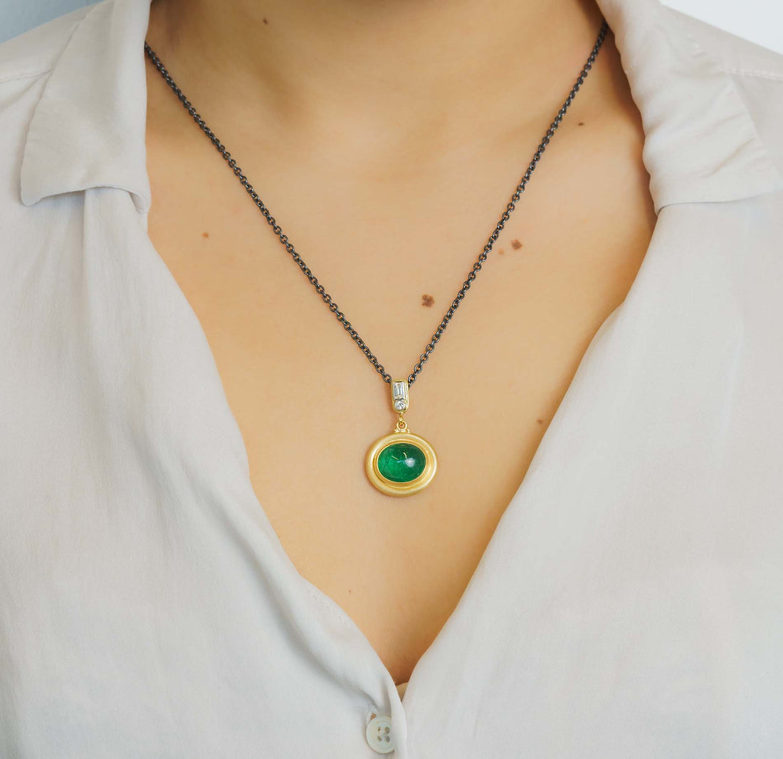 Lika Behar Emerald & Diamond Pendant Necklace modeled