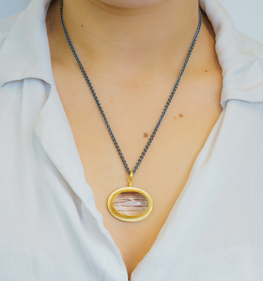 Lika Behar Custom Rutilated Quartz Pendant Necklace modeled