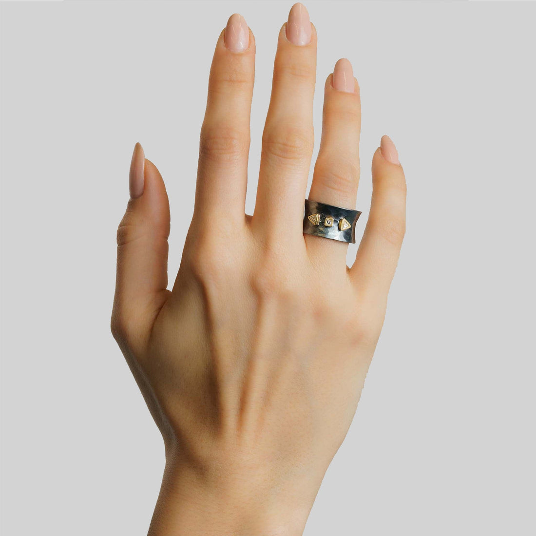 Oxidized Silver Concave Diamond Band Ring by Lika Behar modeled