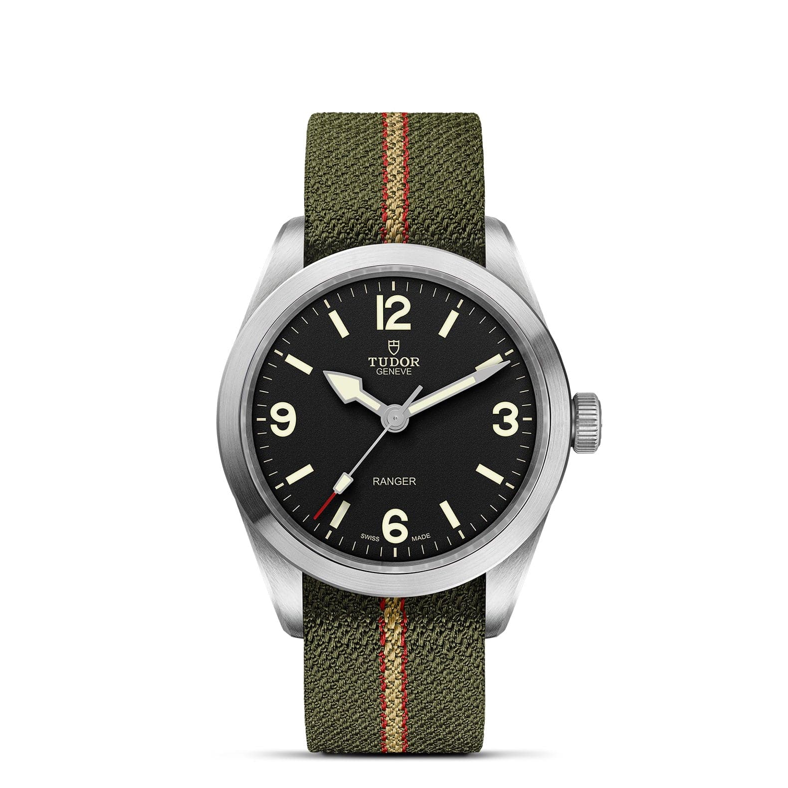 Tudor Ranger 39mm steel case Green, red and beige fabric strap - Skeie's Jewelers