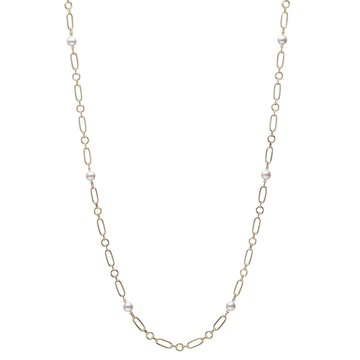 Mikimoto Pearl Station Necklace Chain in 18k Gold Yellow Gold 