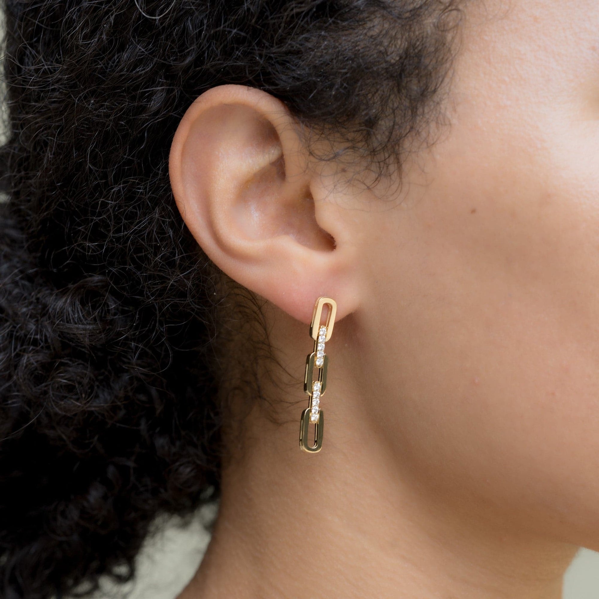 Roberto Coin Navarra Collection Diamond Dangle Link Earrings Yellow Gold Modeled