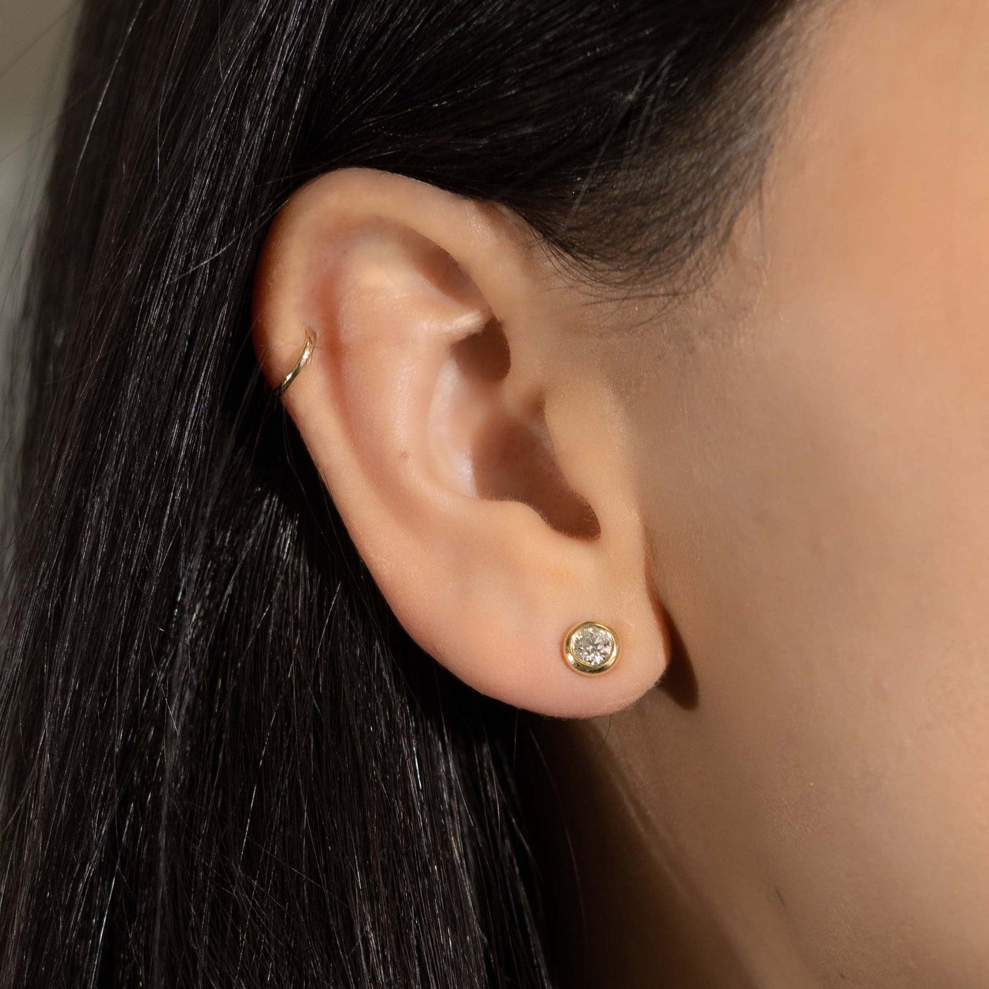 Roberto Coin Diamond Bezel Stud Earrings in 18k Yellow Gold Modeled