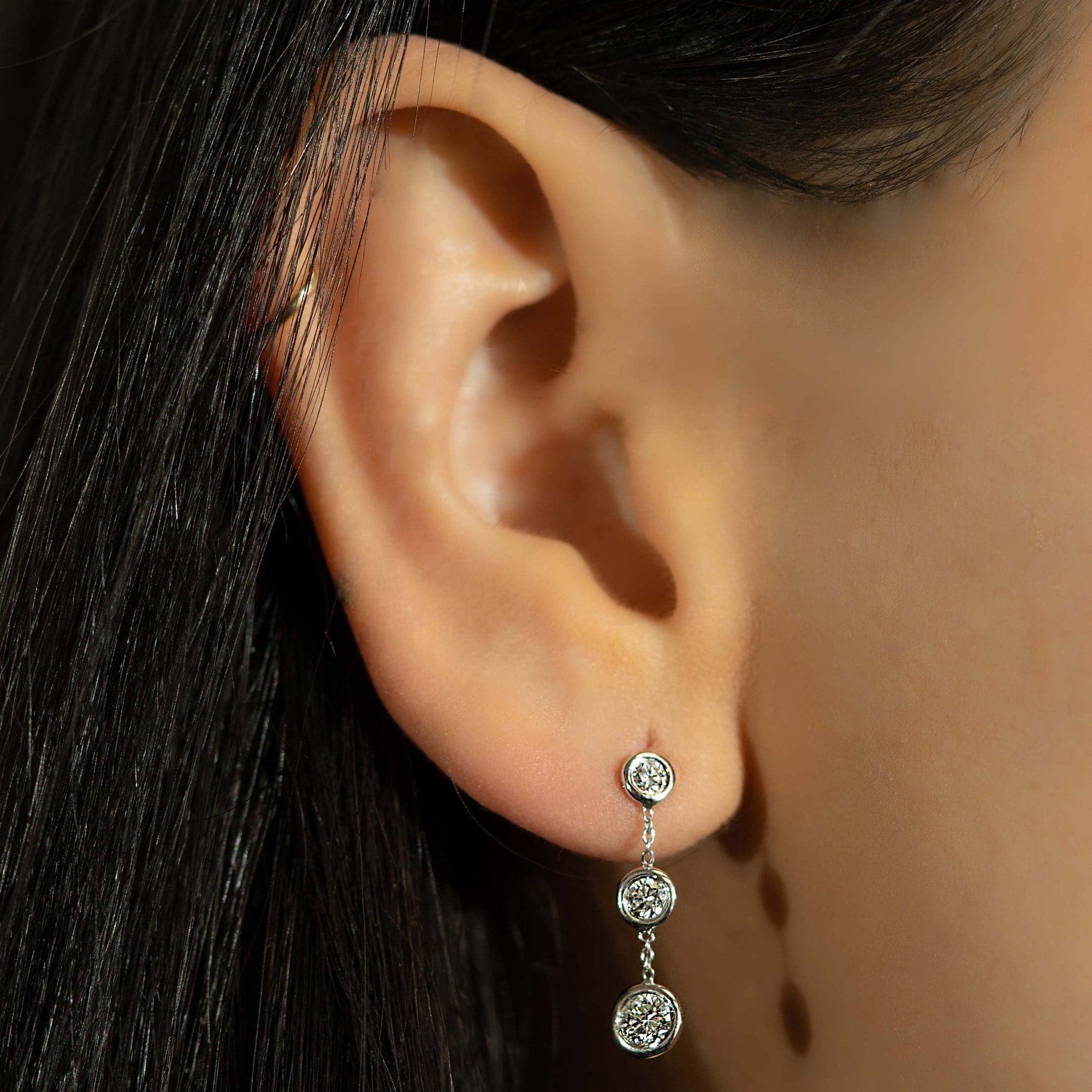 Roberto Coin Diamond Drop Earrings Bezel Drops in 18k White Gold Modeled