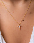 Roberto Coin Diamond Cross Pendant Necklace - Skinny Yellow Gold Modeled