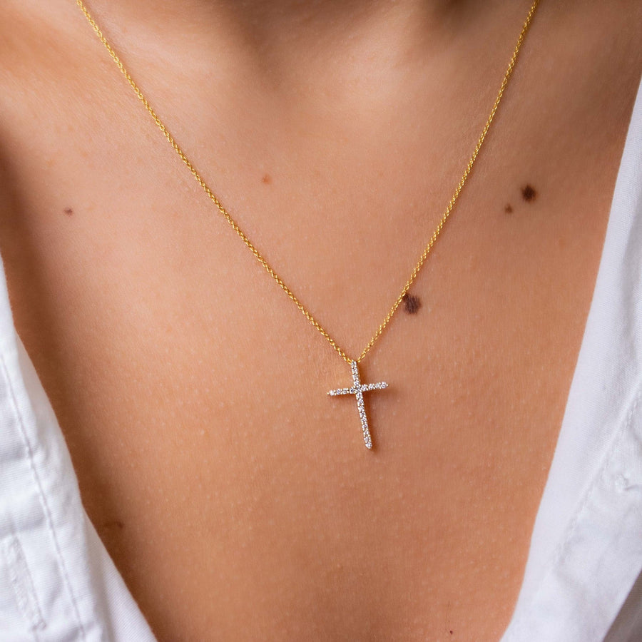 Roberto Coin Diamond Cross Pendant Necklace - Skinny Yellow Gold Modeled