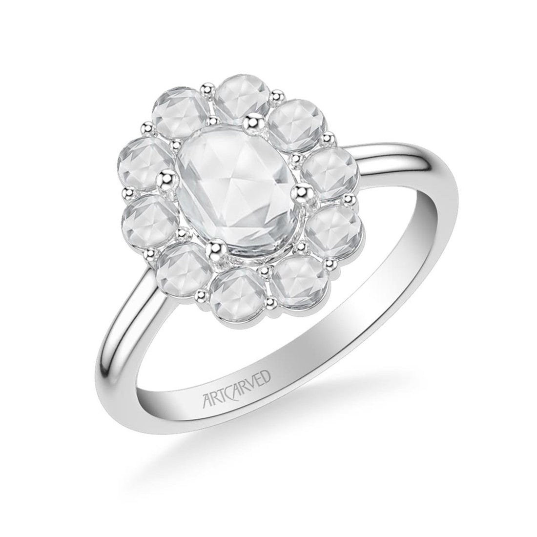 Rose-Cut Diamond Flower Halo Engagement Ring in White Gold Angle
