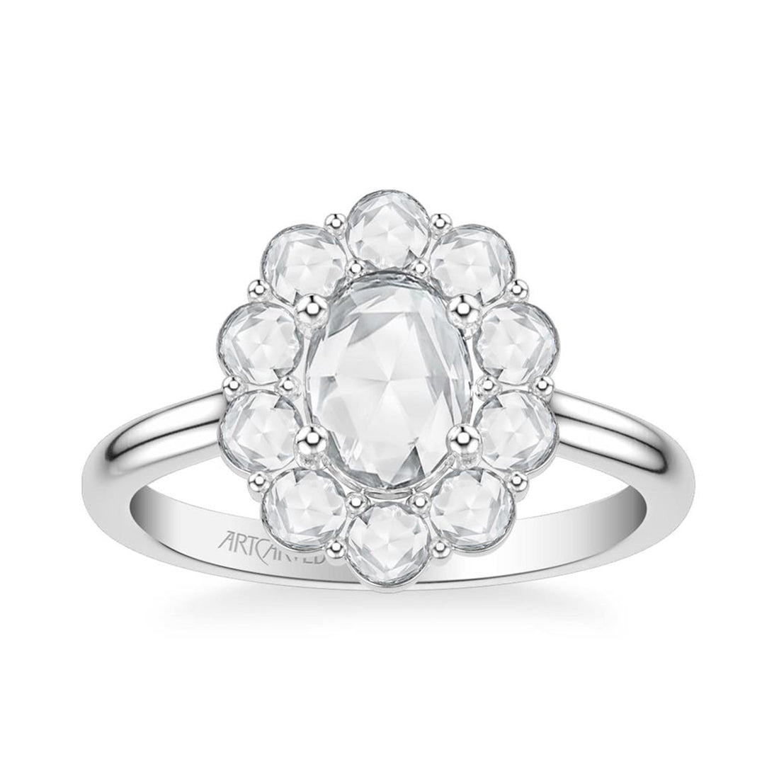 Rose-Cut Diamond Flower Halo Engagement Ring in White Gold Front