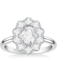 Rose-Cut Diamond Flower Halo Engagement Ring in White Gold Front