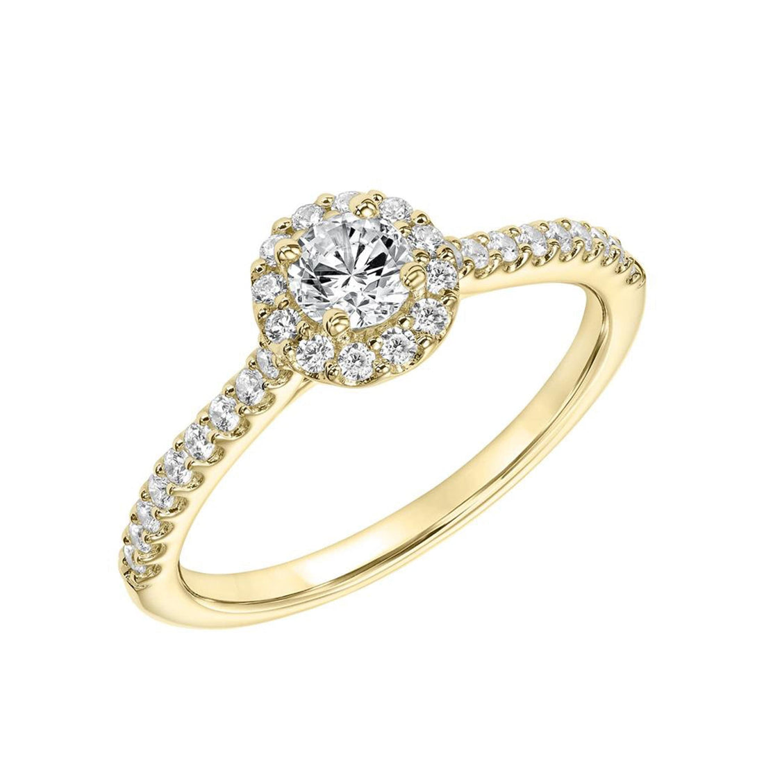 Round Brilliant Diamond Halo Engagement Ring in Yellow Gold Angle