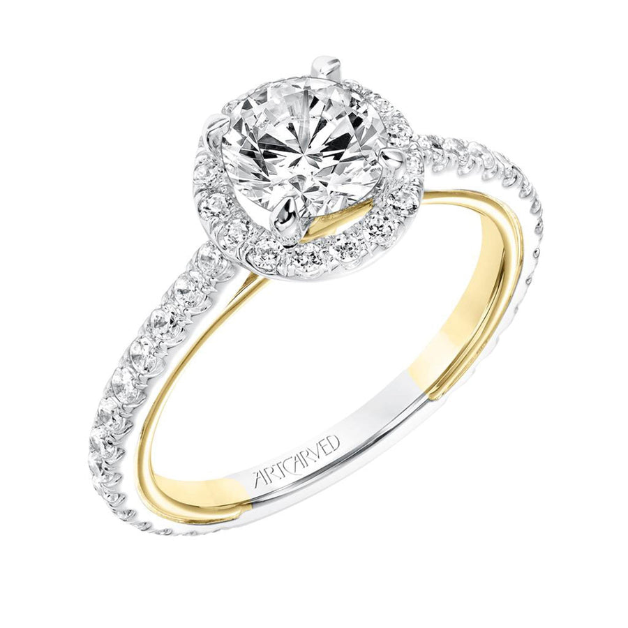 Round Diamond Halo Sidestones Two-Tone Gold Engagement Ring Angle