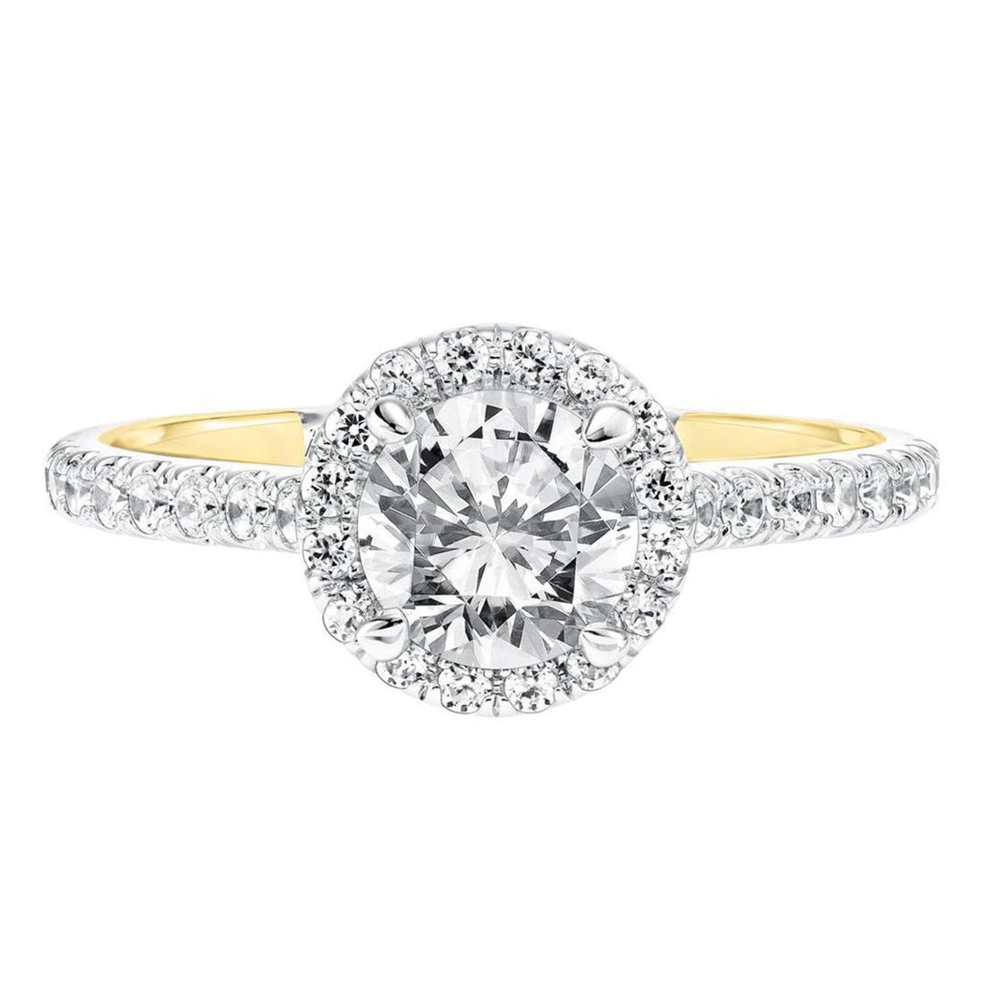 Round Diamond Halo Sidestones Two-Tone Gold Engagement Ring Front