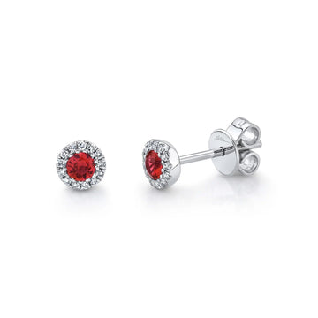 Diamond Halo Ruby Petite White Gold Stud Earrings by Shy Creation
