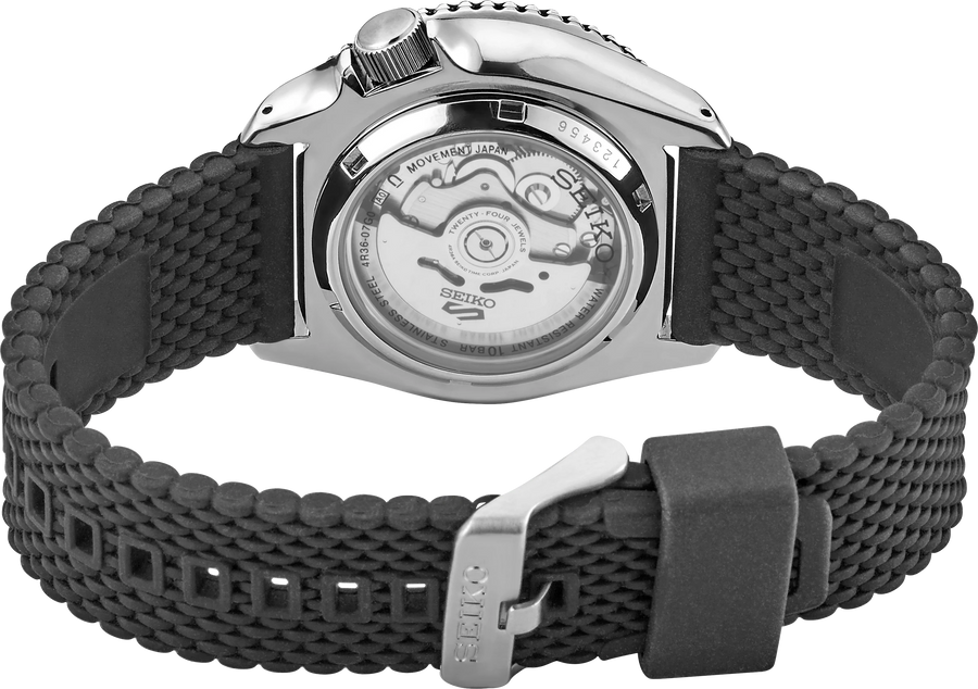 Seiko 5 Sports SRPD95 Black Dial Black Silicone Strap Watch