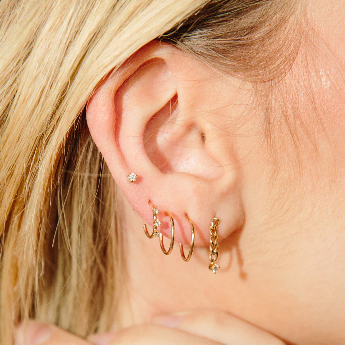 Yellow Gold & Three Diamond Huggie Hoop Earrings by Zoe Chicco Modeled