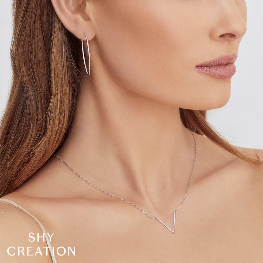 Gold Diamond 'V' Bar Pendant Necklace by Shy Creation Modeled