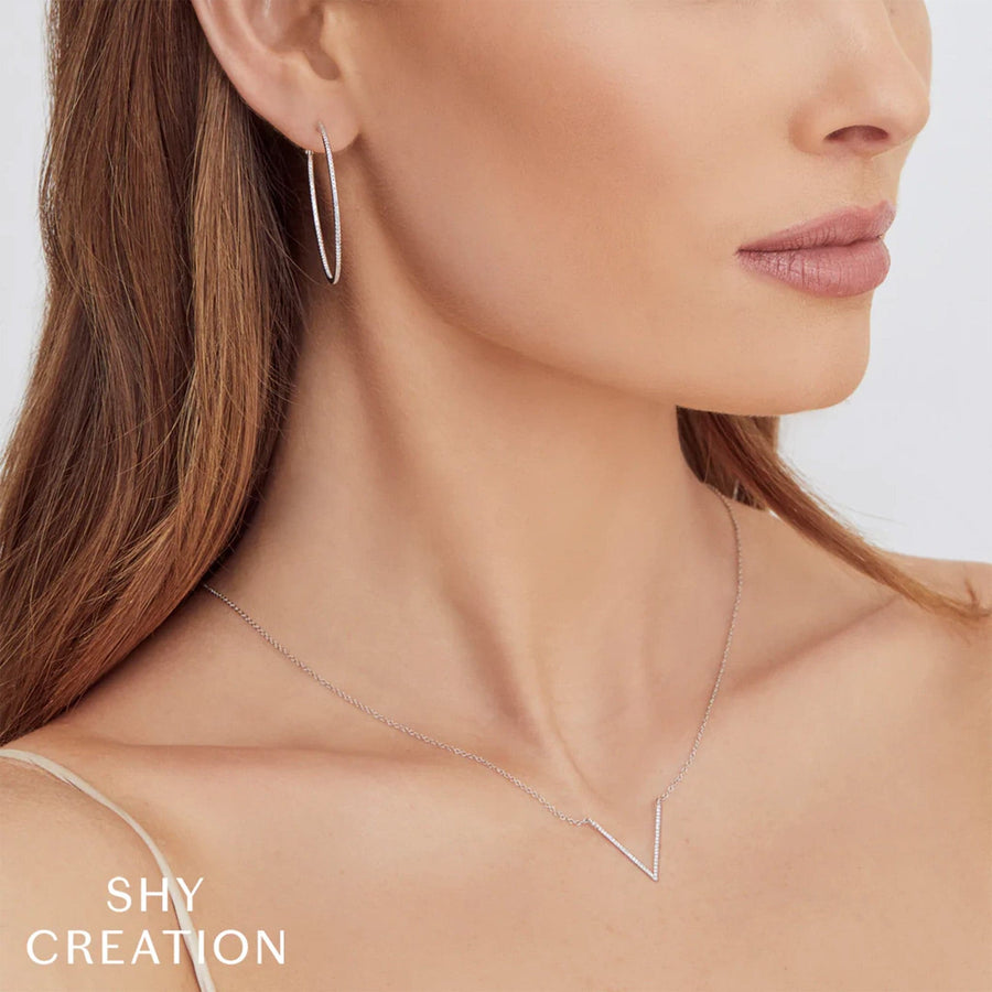 Gold Diamond 'V' Bar Pendant Necklace by Shy Creation Modeled