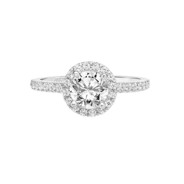 Round Diamond Halo Sidestone Engagement Ring in White Gold