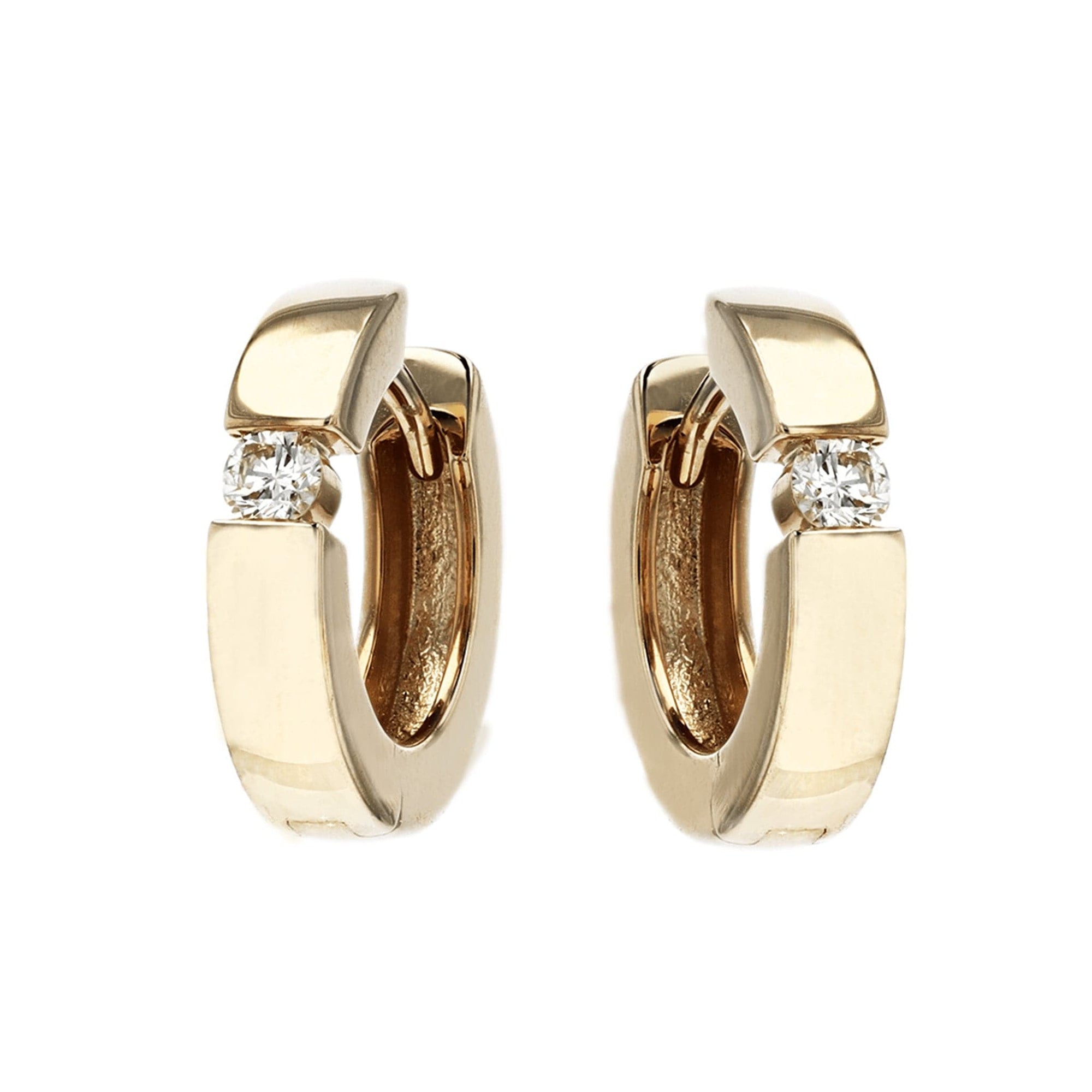 Single Diamond Yellow Gold Wide Huggie Hoop Earrings by Breuning