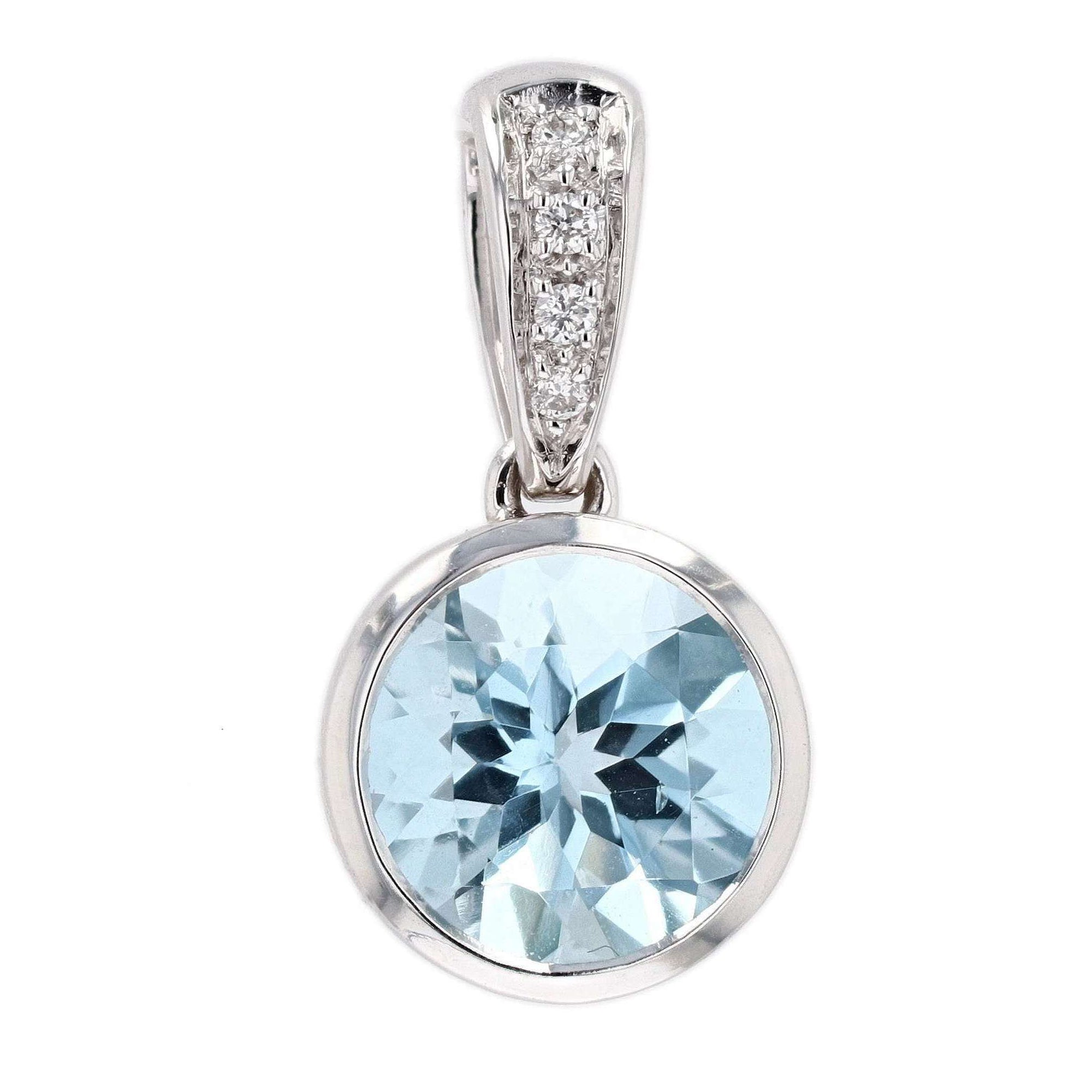 Kostbar 14k Gold Bezel Aquamarine & Diamond Pendant Necklace