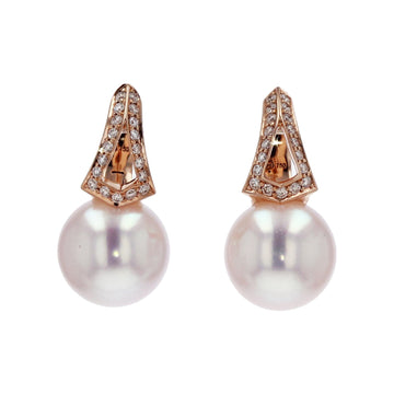 Mikimoto Pearl Earrings in 18k Rose Gold with Diamonds
