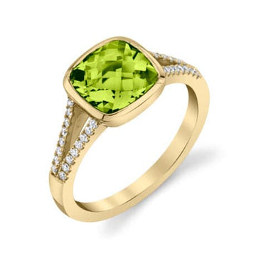 Stanton Color Cushion Cut Peridot Ring with Side Stones